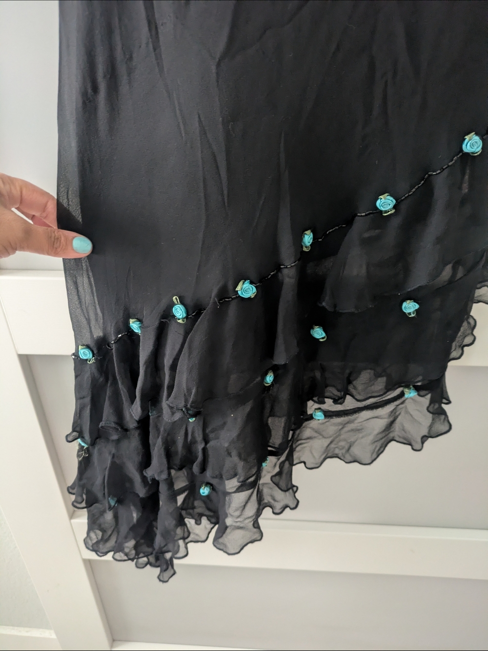 Mixit Black Asymmetrical Ruffle Slip Dress with Teal Bead Accents - Picture 4 of 6